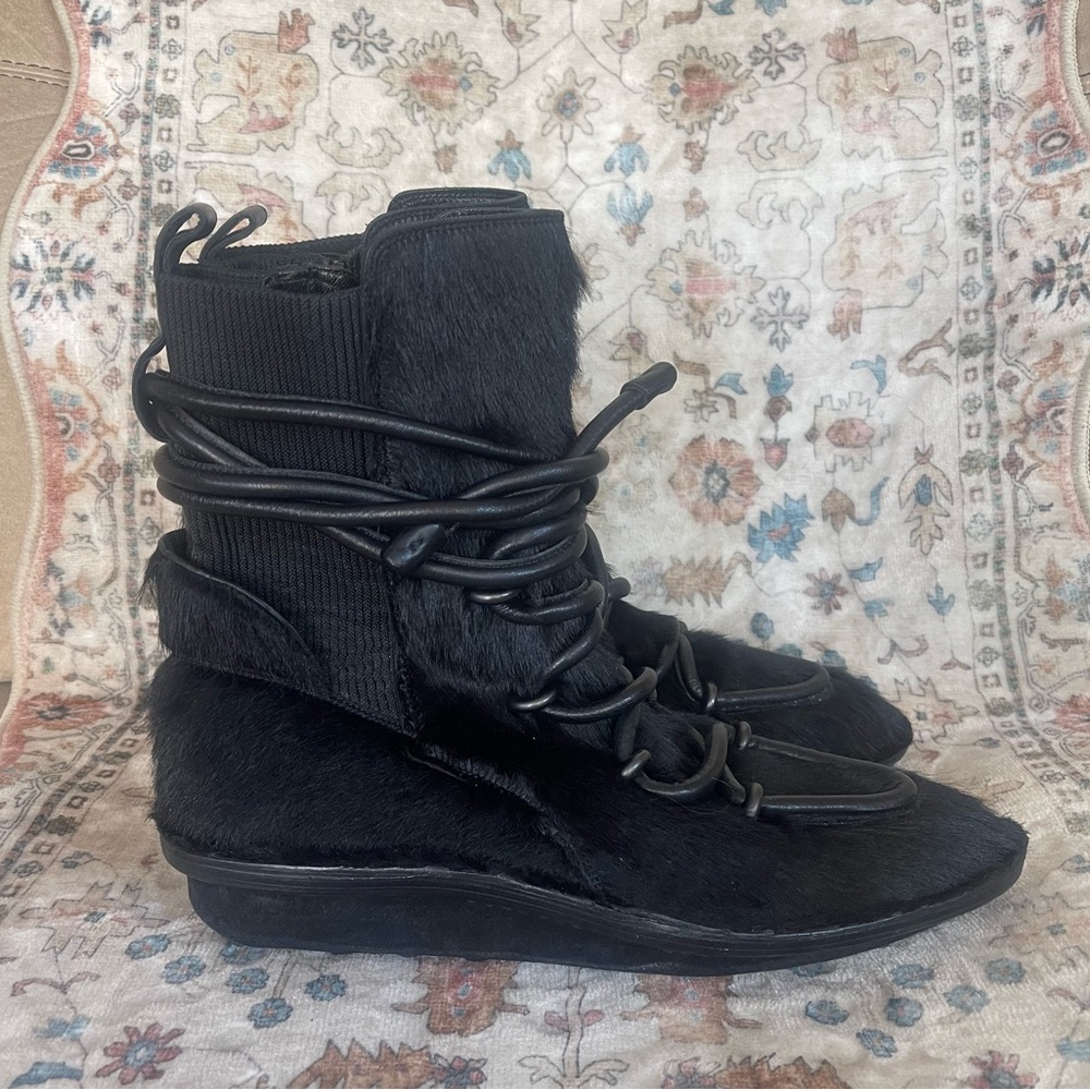 Balenciaga Black Lace Up Pony Hair Boots